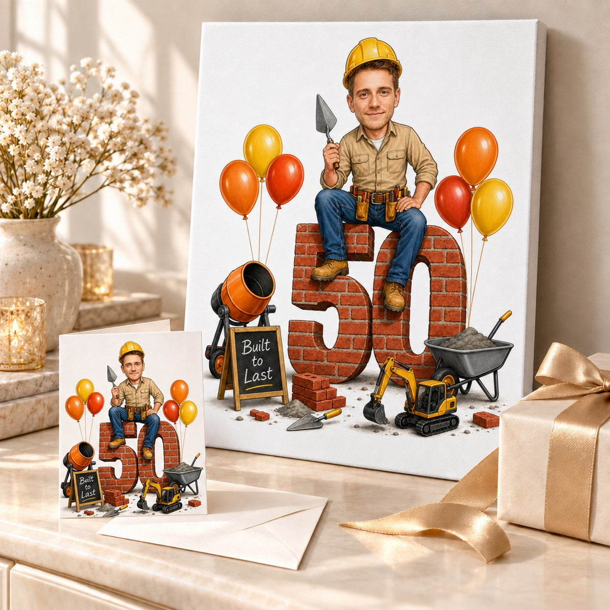 Canvas and 5x7 card showing bricklayer birthday caricature scene, perfect gift for him.
