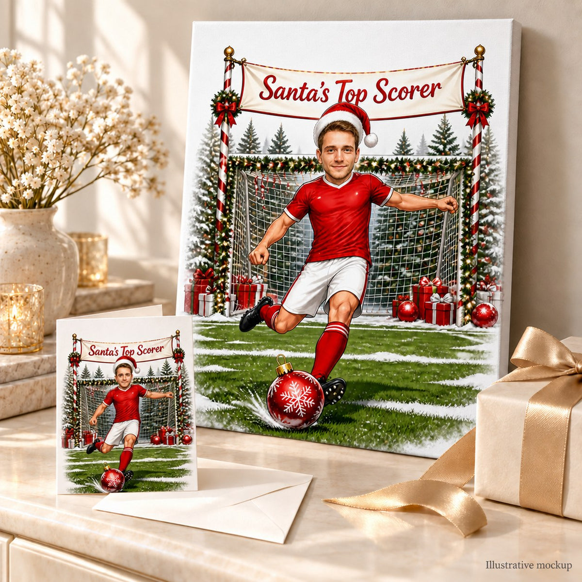 Canvas and greeting card of custom Christmas soccer caricature arranged with wrapped gifts.