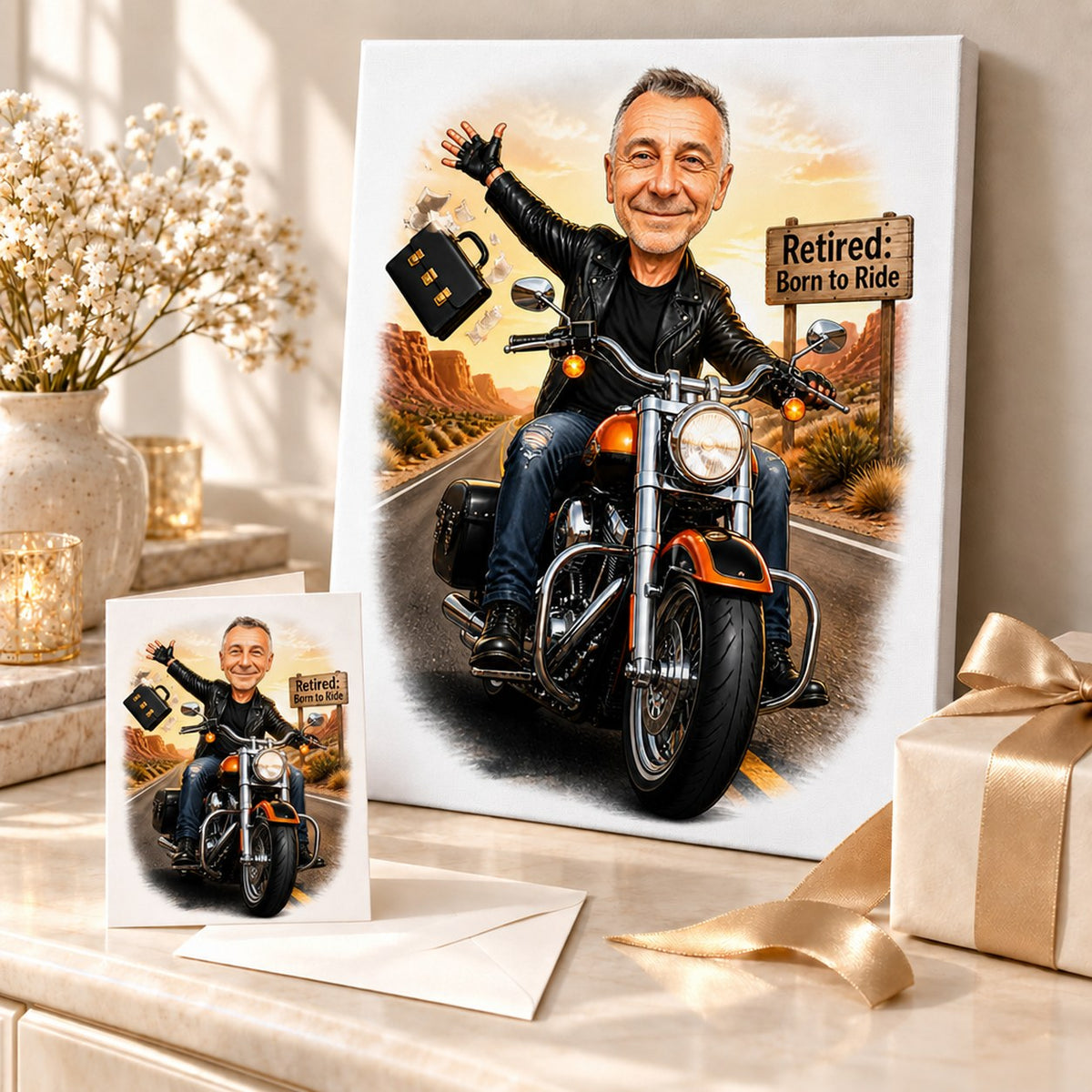 Stretched canvas and 5x7 card of biker retirement caricature styled for gifting.