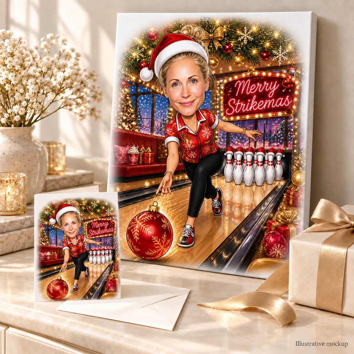 Canvas and 5x7 card of bowling Christmas caricature displayed with wrapped holiday gifts.