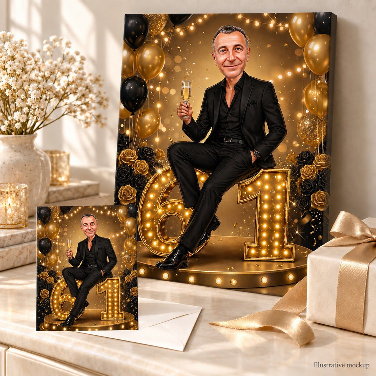 Golden birthday caricature on canvas and card, styled with ribbon, confetti, and balloons.