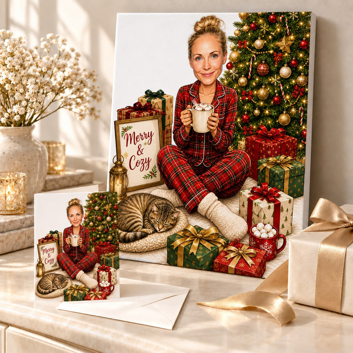 Christmas pajama caricature on canvas and card beside wrapped presents under a lit tree.