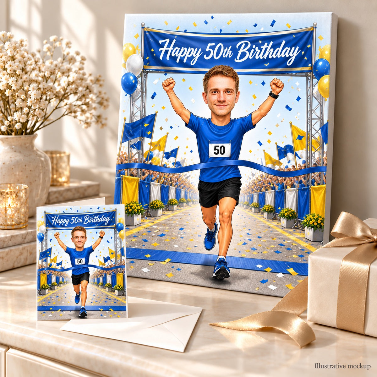 Running birthday caricature printed on canvas and greeting card beside wrapped gift