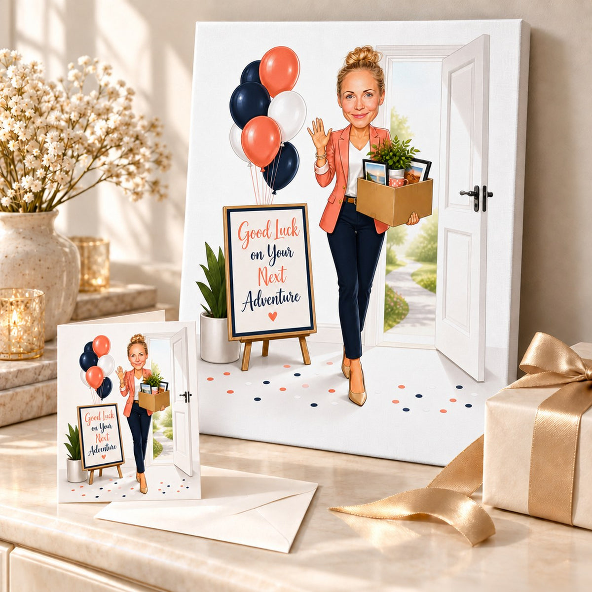 Canvas and greeting card of coworker farewell caricature styled with ribbon and confetti.