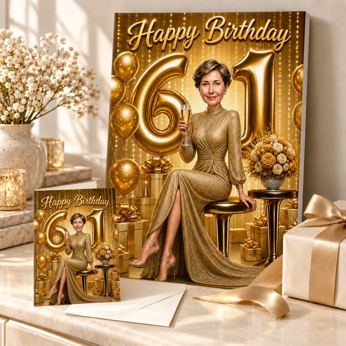 Golden birthday caricature on canvas and card displayed with wrapped presents and ribbon.