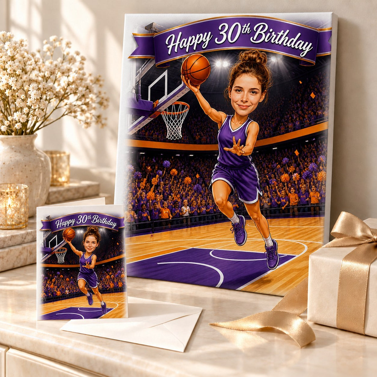 Basketball birthday caricature on canvas and 5x7 card in a gift scene