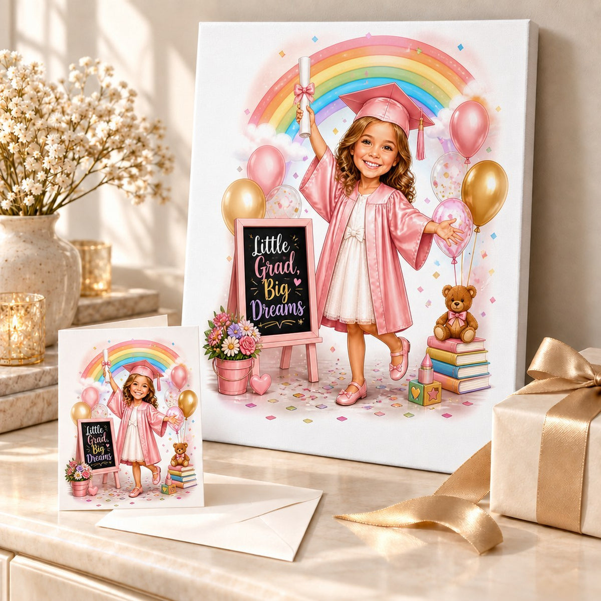 Canvas and greeting card of kindergarten grad caricature arranged with ribbon and confetti