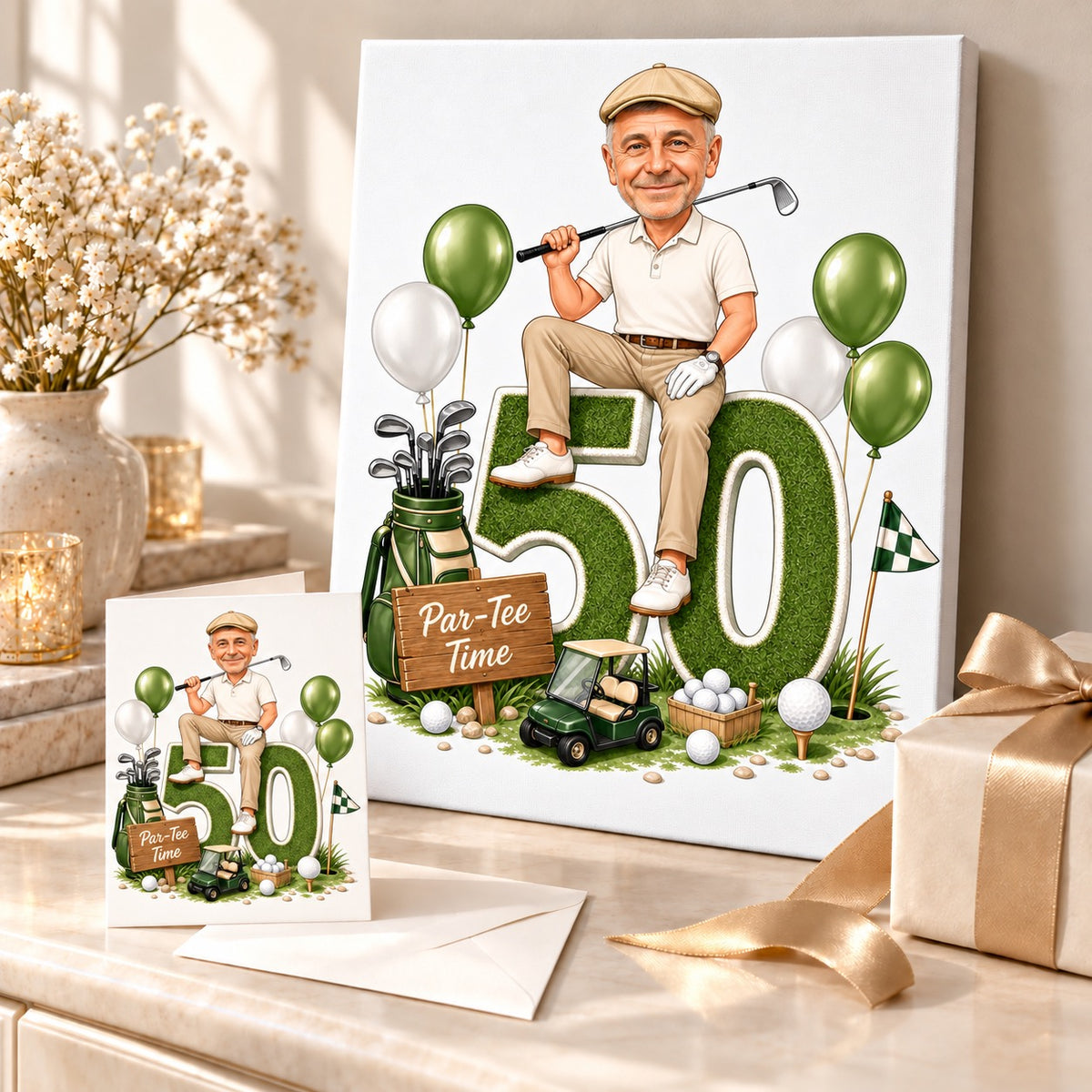 Canvas and card of golf birthday caricature, gift-ready with balloons and ribbon