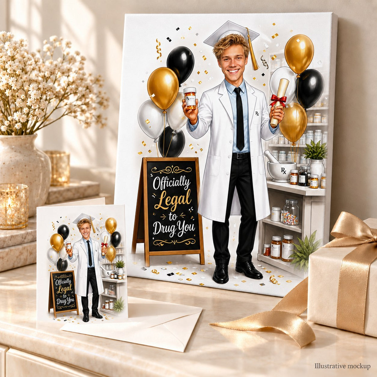 Pharmacy graduation caricature shown on canvas and a 5x7 card in a gift scene.