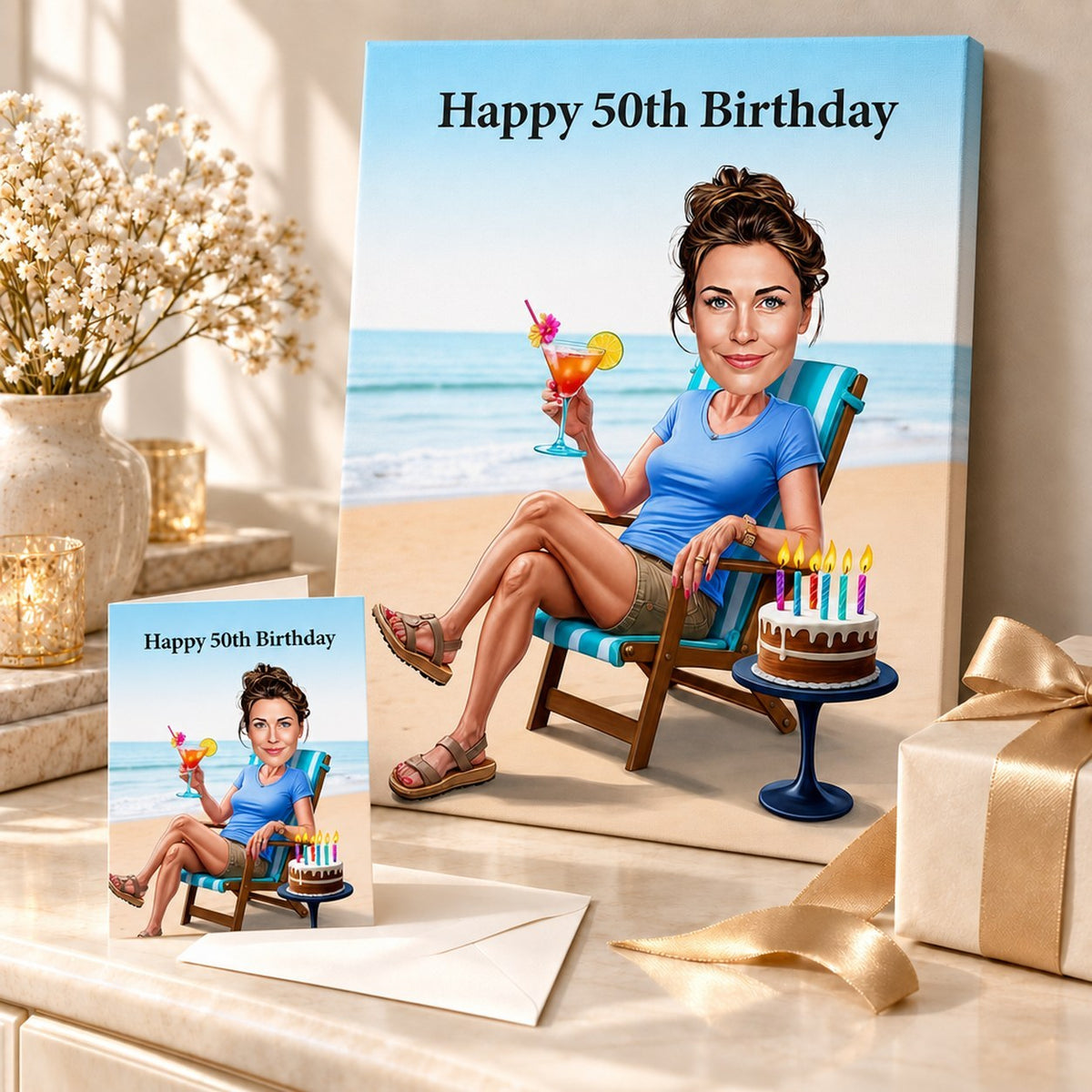 Beach birthday caricature on stretched canvas and 5x7 card with envelope, ready to gift.