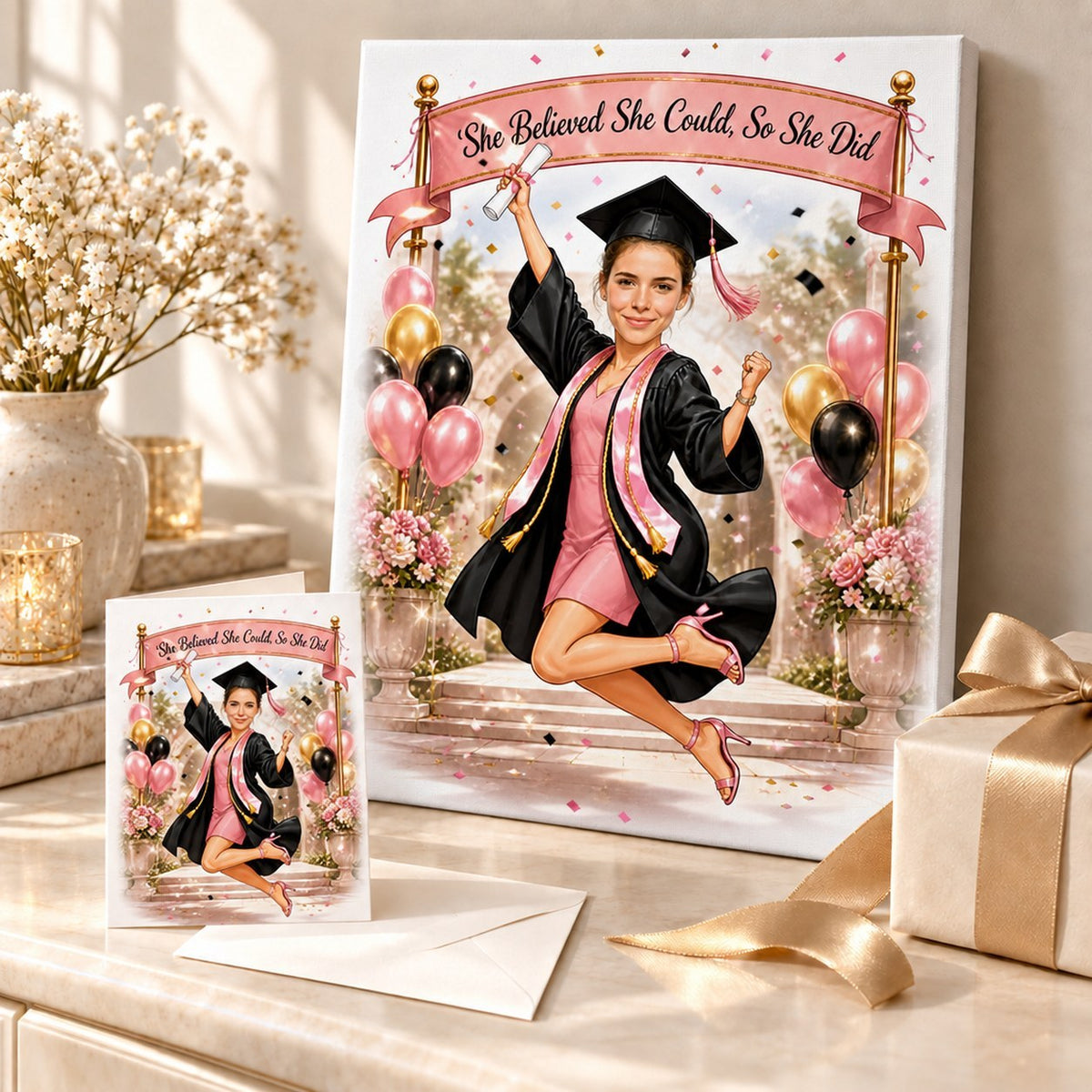 Graduation caricature on stretched canvas and 5x7 card beside wrapped gift