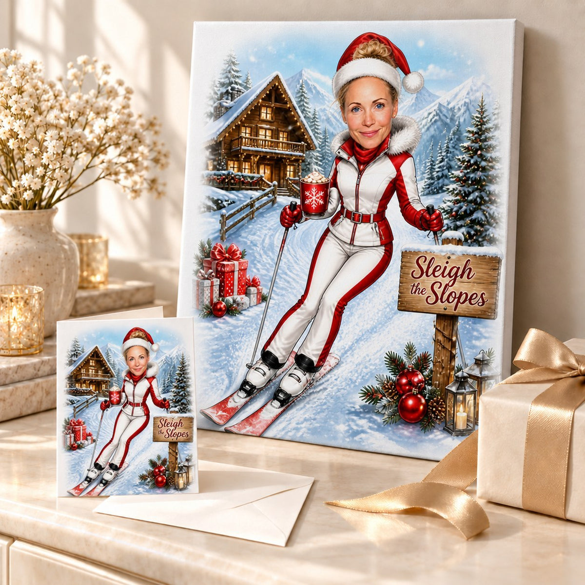 Stretched canvas and 5x7 card of ski Christmas caricature, shown with ribbons and ornaments.