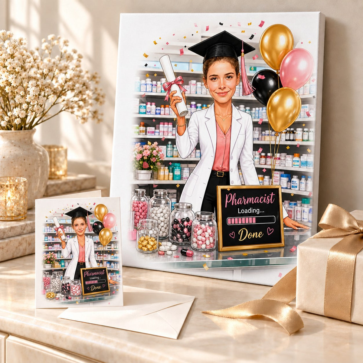 Canvas and 5x7 card of pharmacy graduation caricature displayed with balloons and confetti.