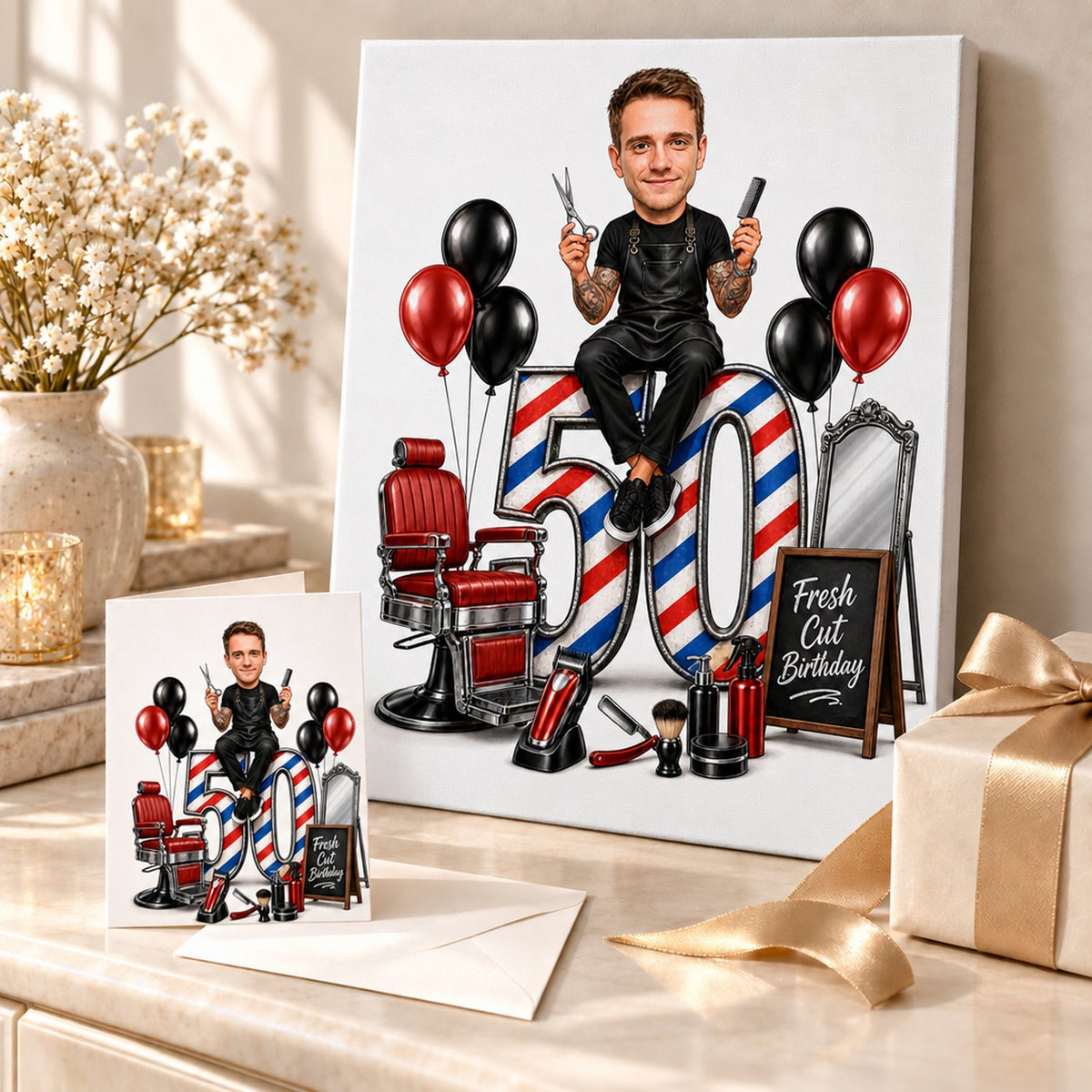 Canvas and greeting card of barber birthday caricature with balloons