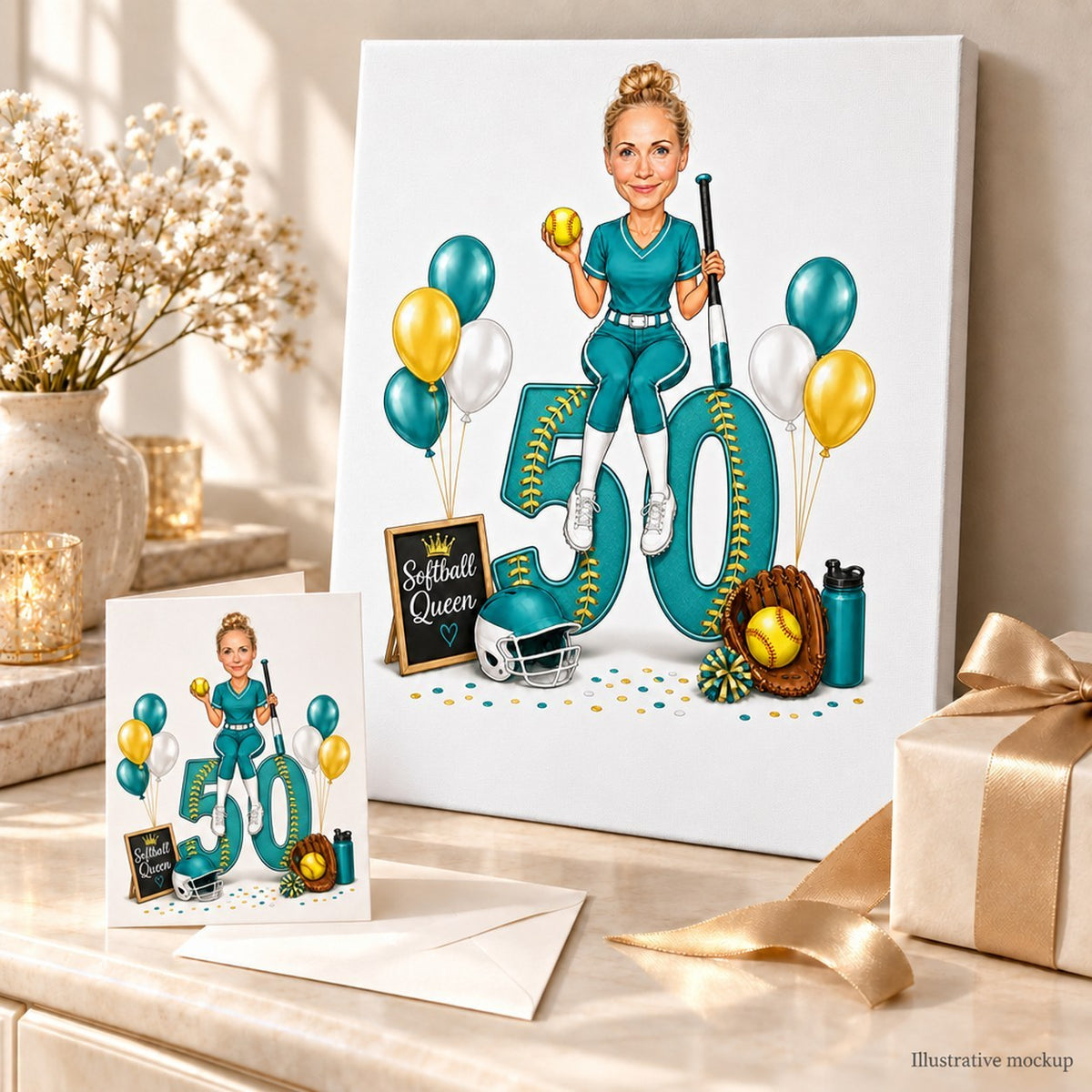 Softball birthday caricature printed on canvas and 5x7 card, ready to gift.