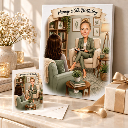 Psychologist birthday caricature on canvas and greeting card, displayed with plants and books.