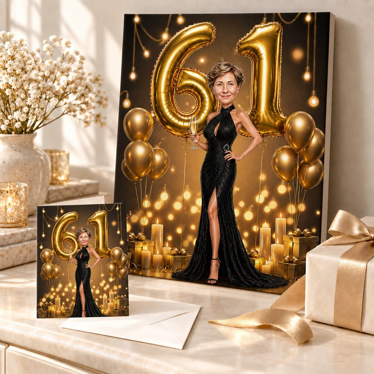 Canvas and greeting card of black and gold birthday caricature with balloons and gifts.
