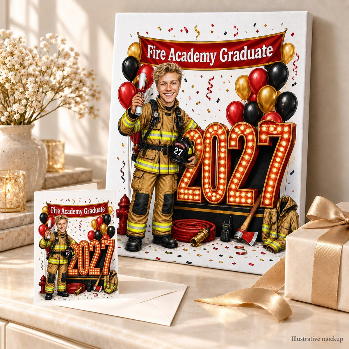 Fire Academy graduation cartoon printed on canvas and 5x7 card, styled as a celebration gift.