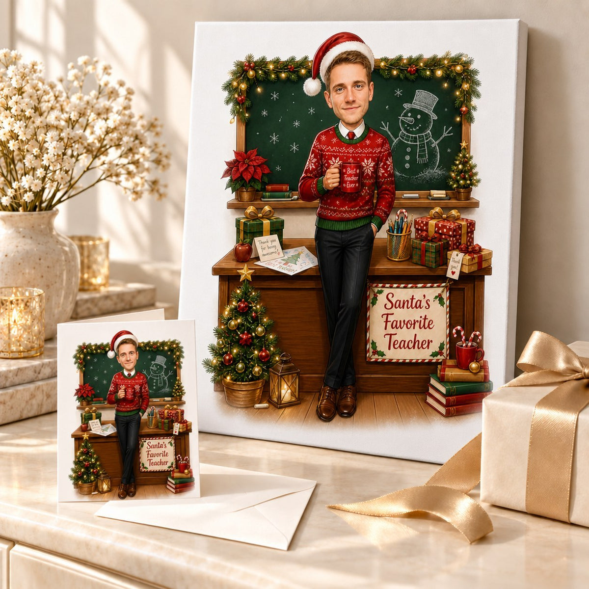 Teacher Christmas caricature shown on canvas and 5x7 card in a holiday gift setup.