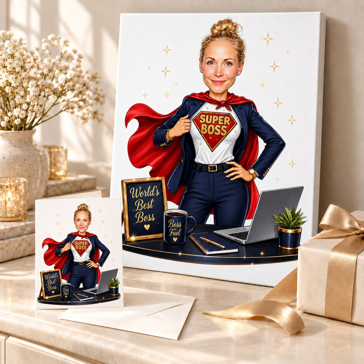 Canvas and greeting card of Super Boss caricature displayed with ribbon and gift box.