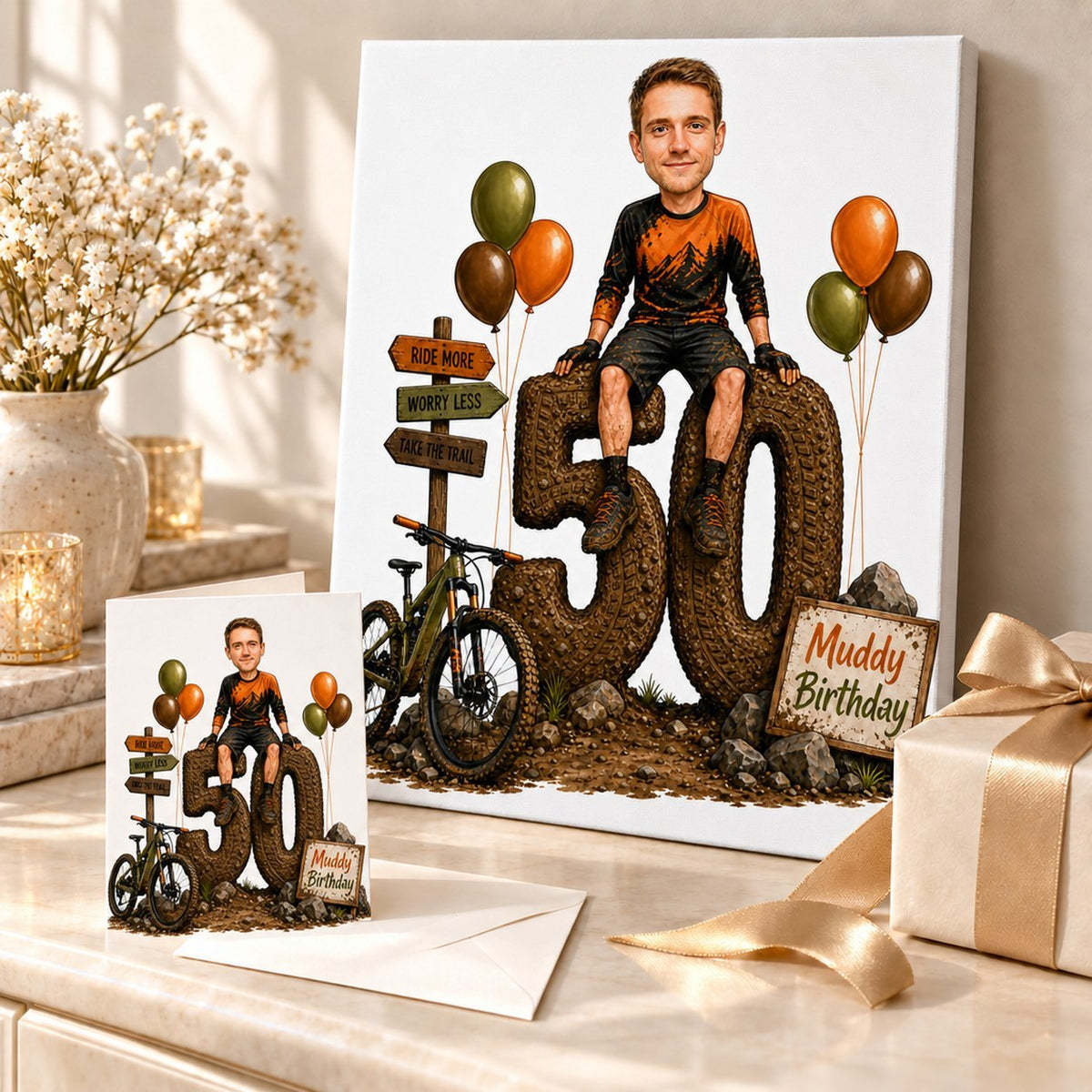 Mountain biker birthday caricature on canvas and 5x7 card in gift scene