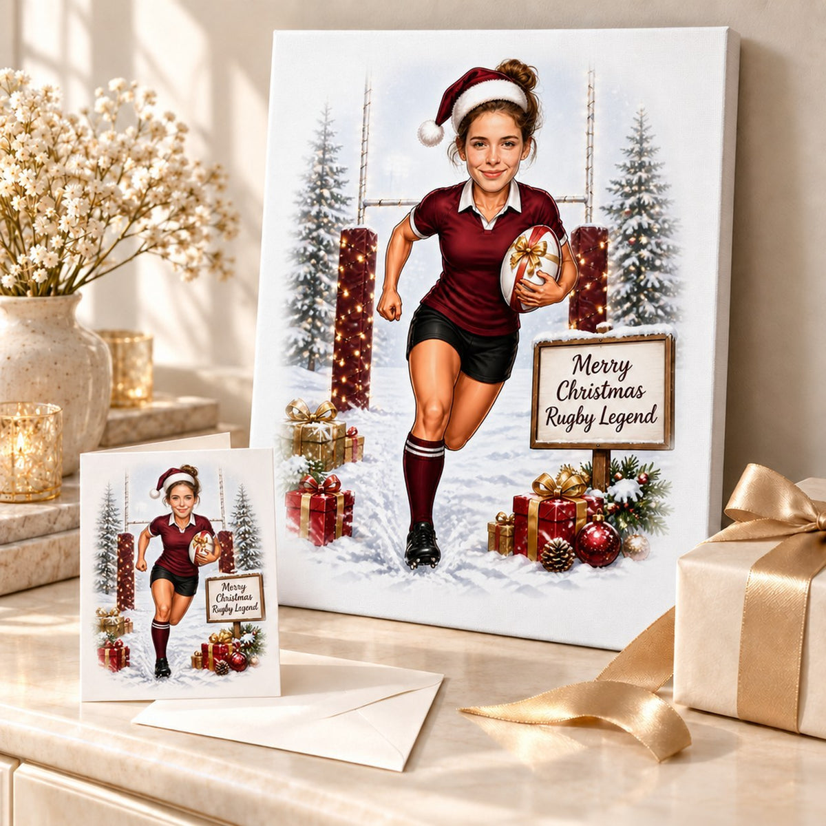 Rugby Christmas caricature printed on canvas and 5x7 card beside wrapped presents.