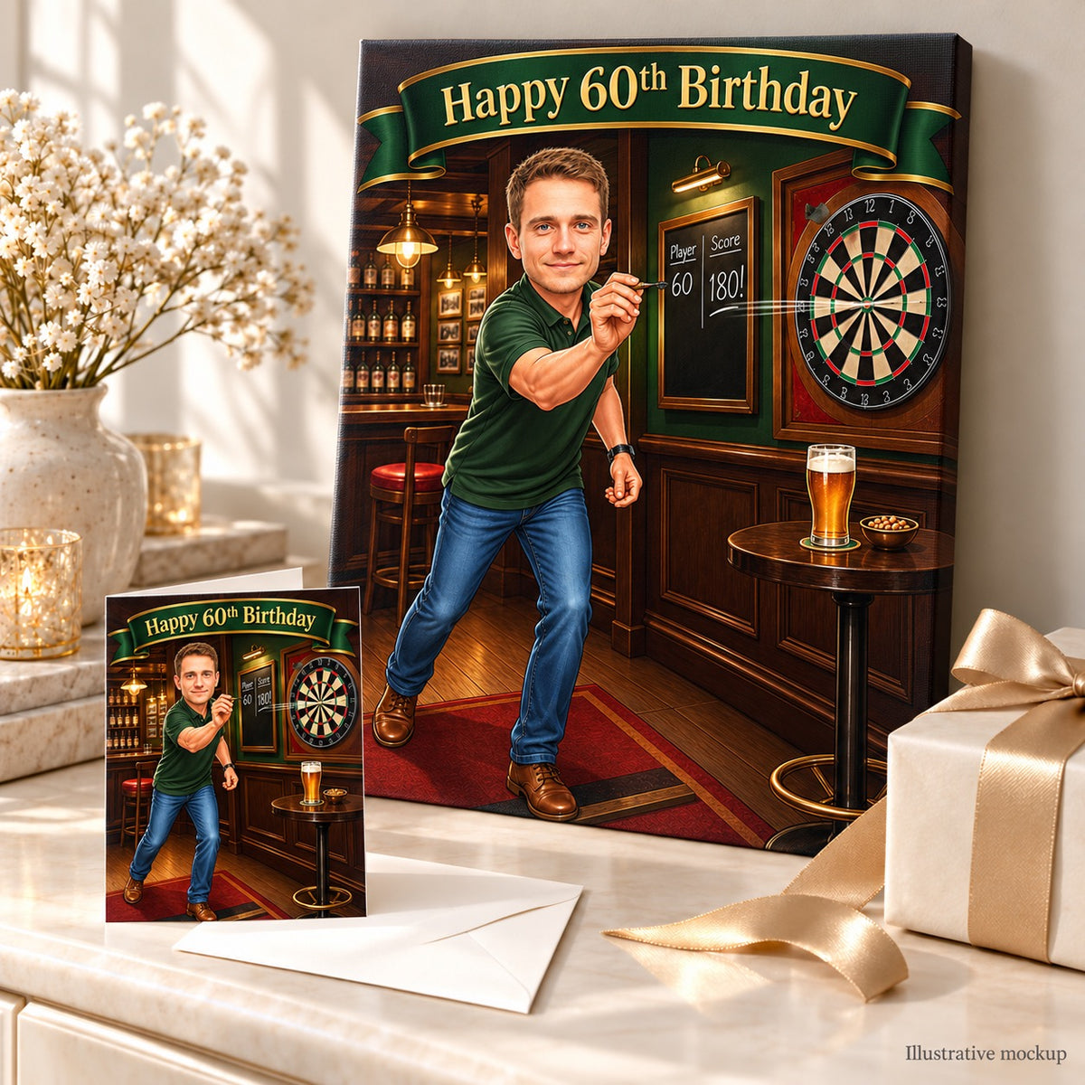 Darts birthday caricature printed on canvas and 5x7 card, arranged as a gift.