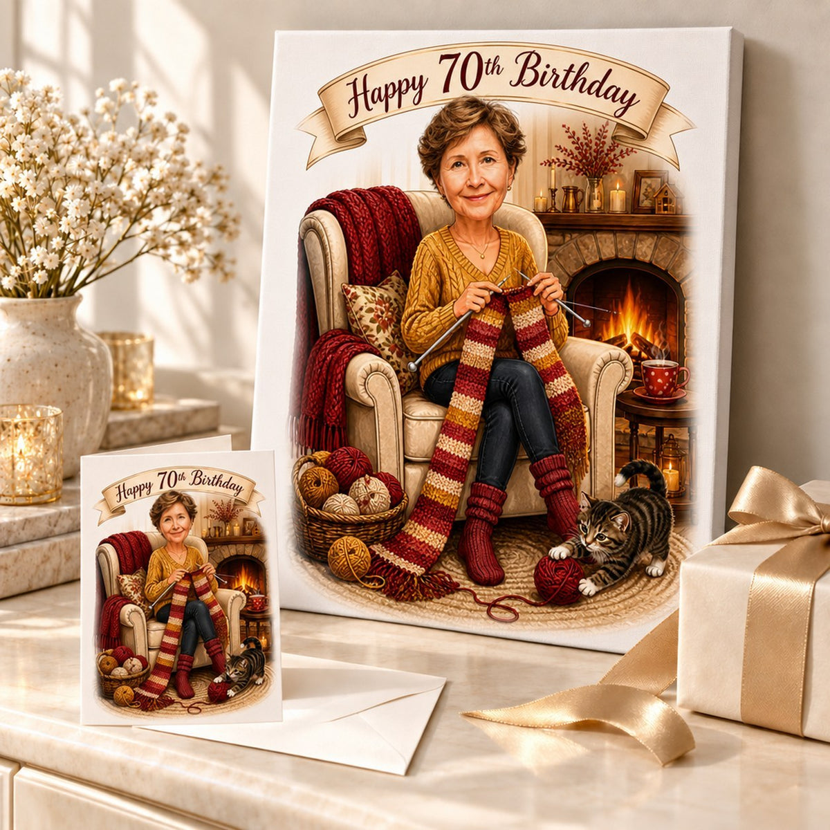 Knitting caricature shown on canvas and 5x7 card beside wrapped gifts