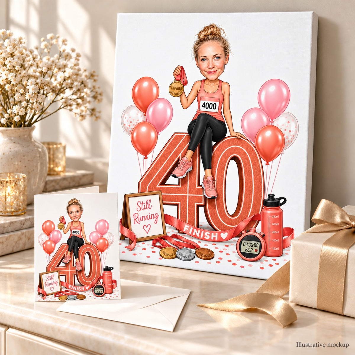 Running birthday caricature on canvas and card beside ribbons and a gift box.
