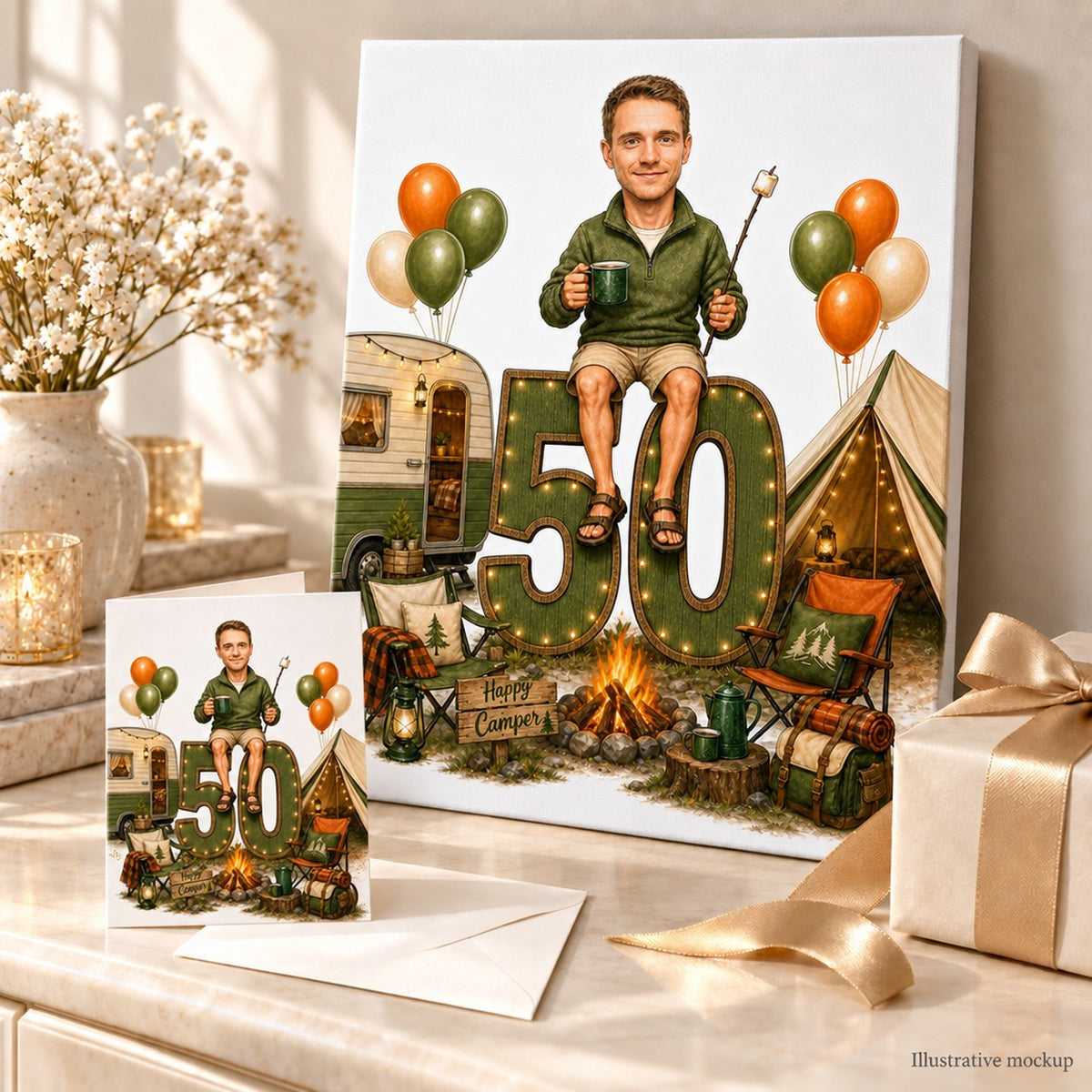 Canvas and 5x7 card of camping caricature styled in a rustic birthday gift scene.