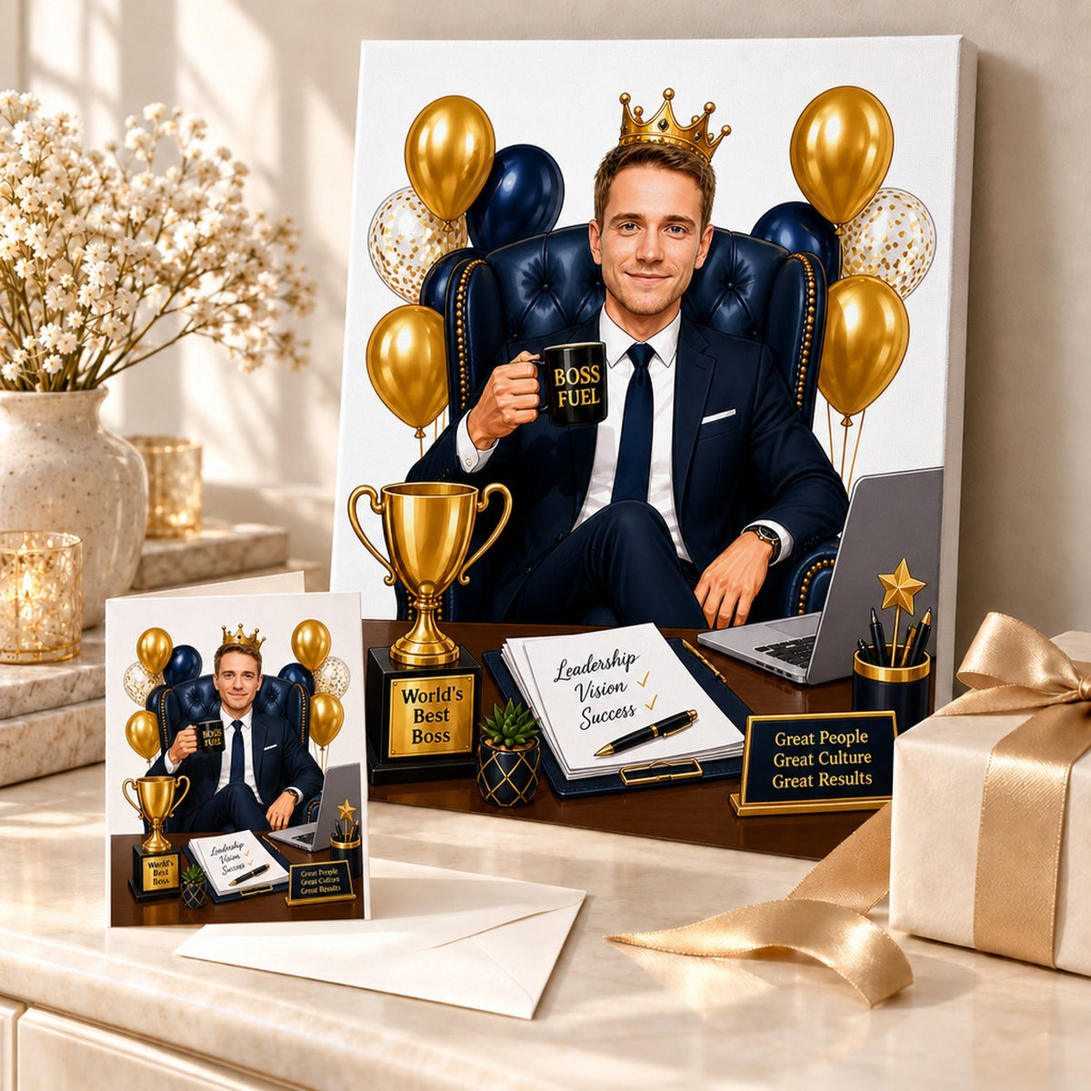 Best Boss office caricature shown on stretched canvas and 5x7 greeting card in gift scene.