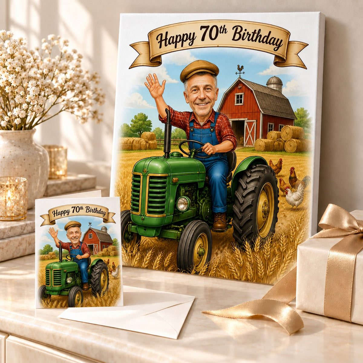 Farmer birthday caricature shown on canvas and 5x7 card beside wrapped gift.
