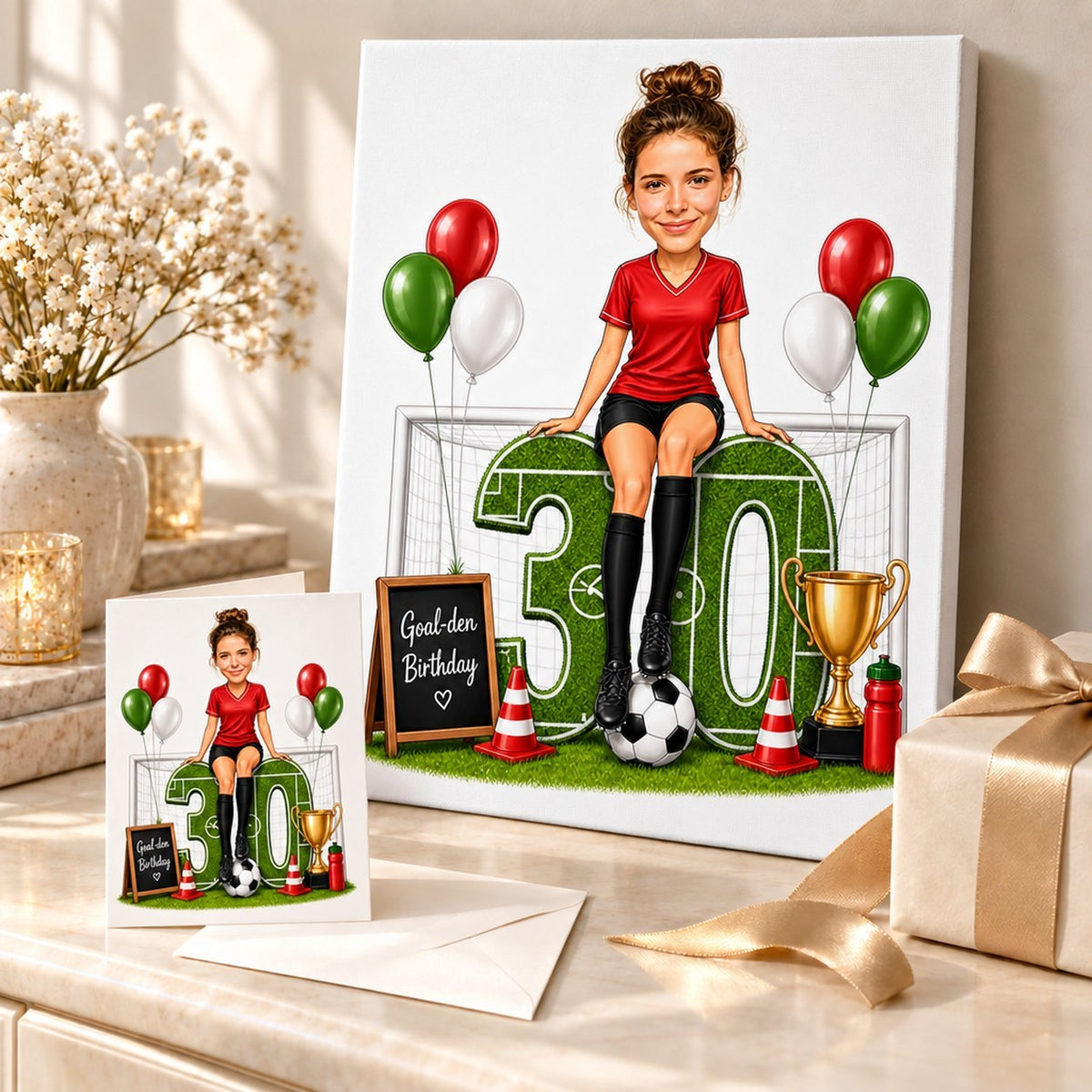 Soccer birthday caricature printed on canvas and 5x7 card in celebratory gift scene.