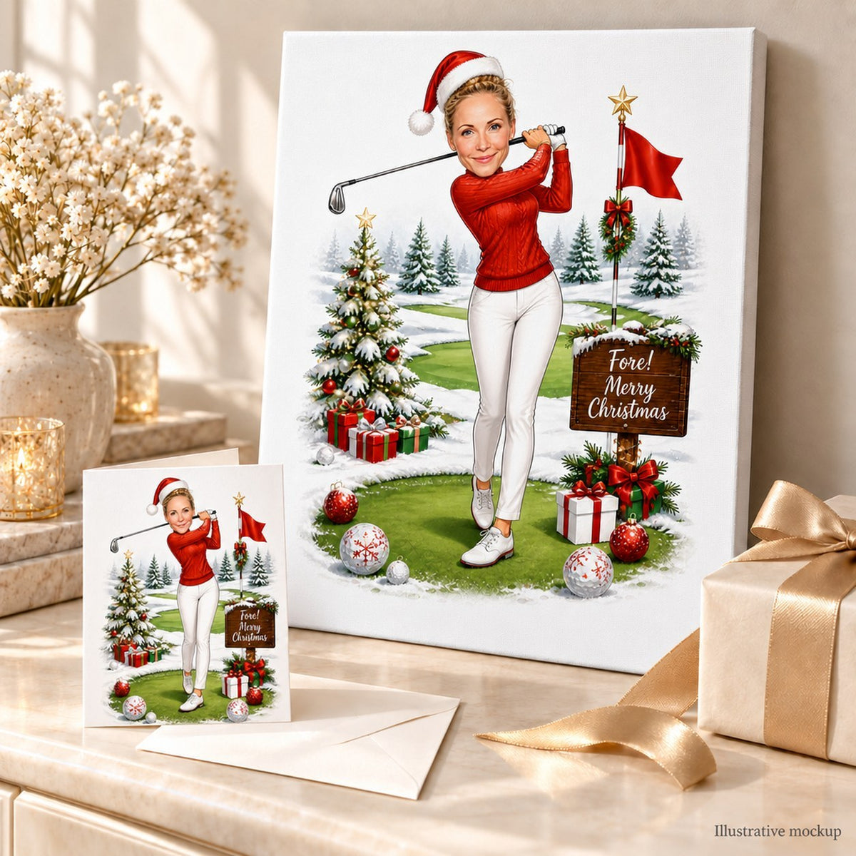Canvas and greeting card of golf Christmas caricature arranged with ribbons and ornaments.