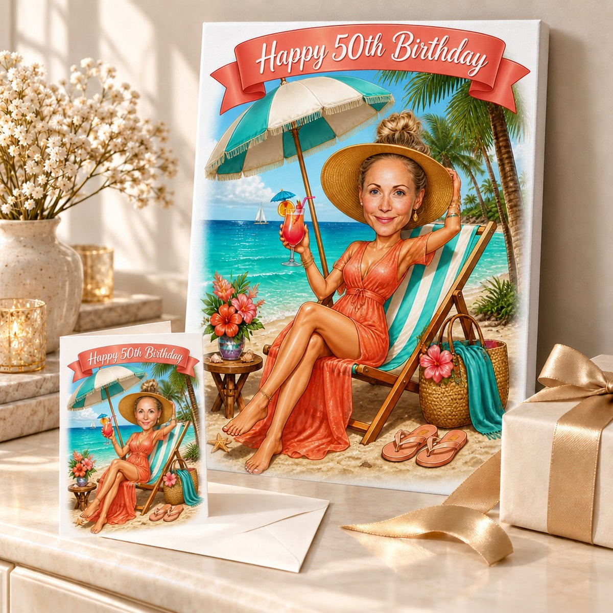 Beach birthday caricature printed on canvas and 5x7 card beside wrapped gift