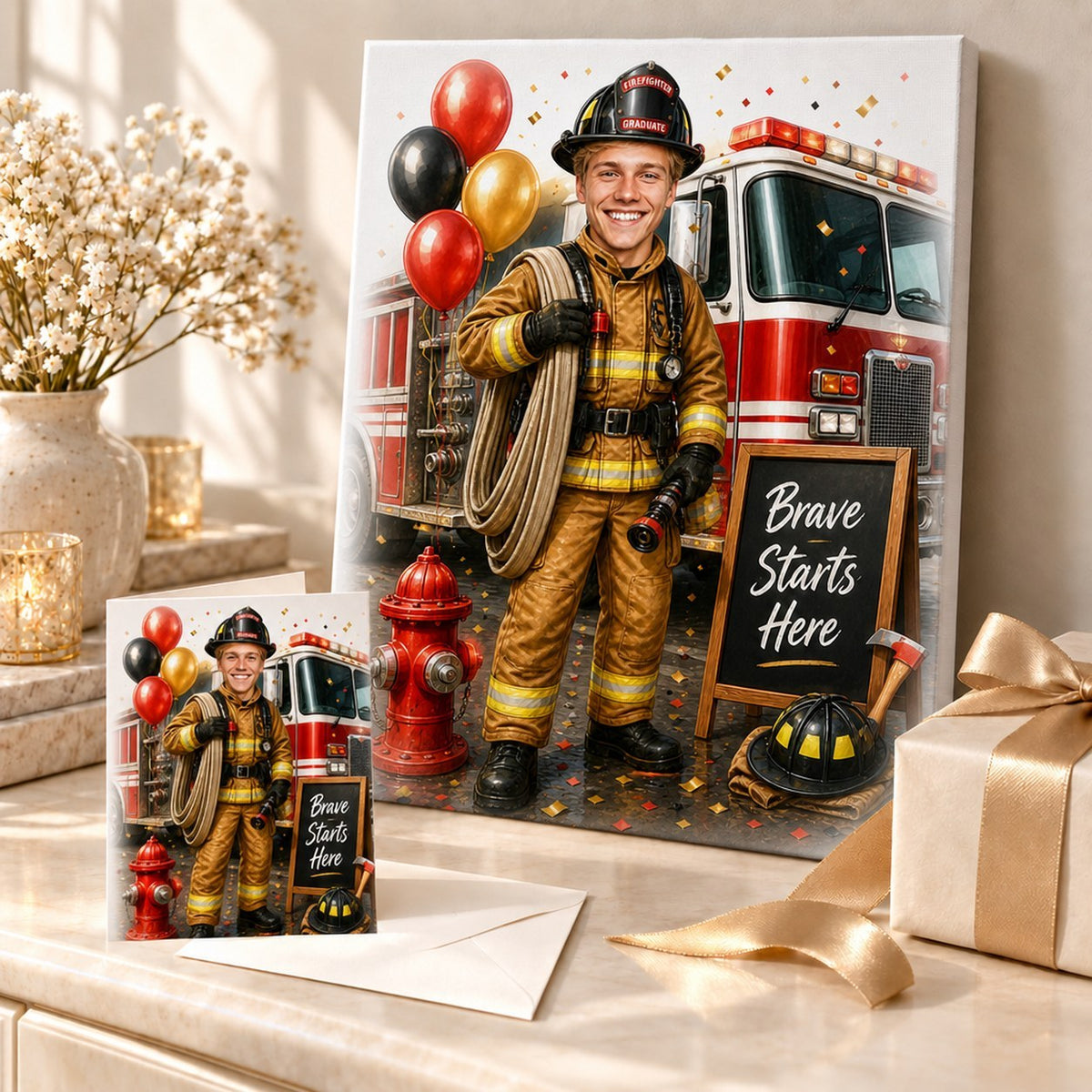 Fire academy graduation cartoon printed on canvas and greeting card in a gift scene.