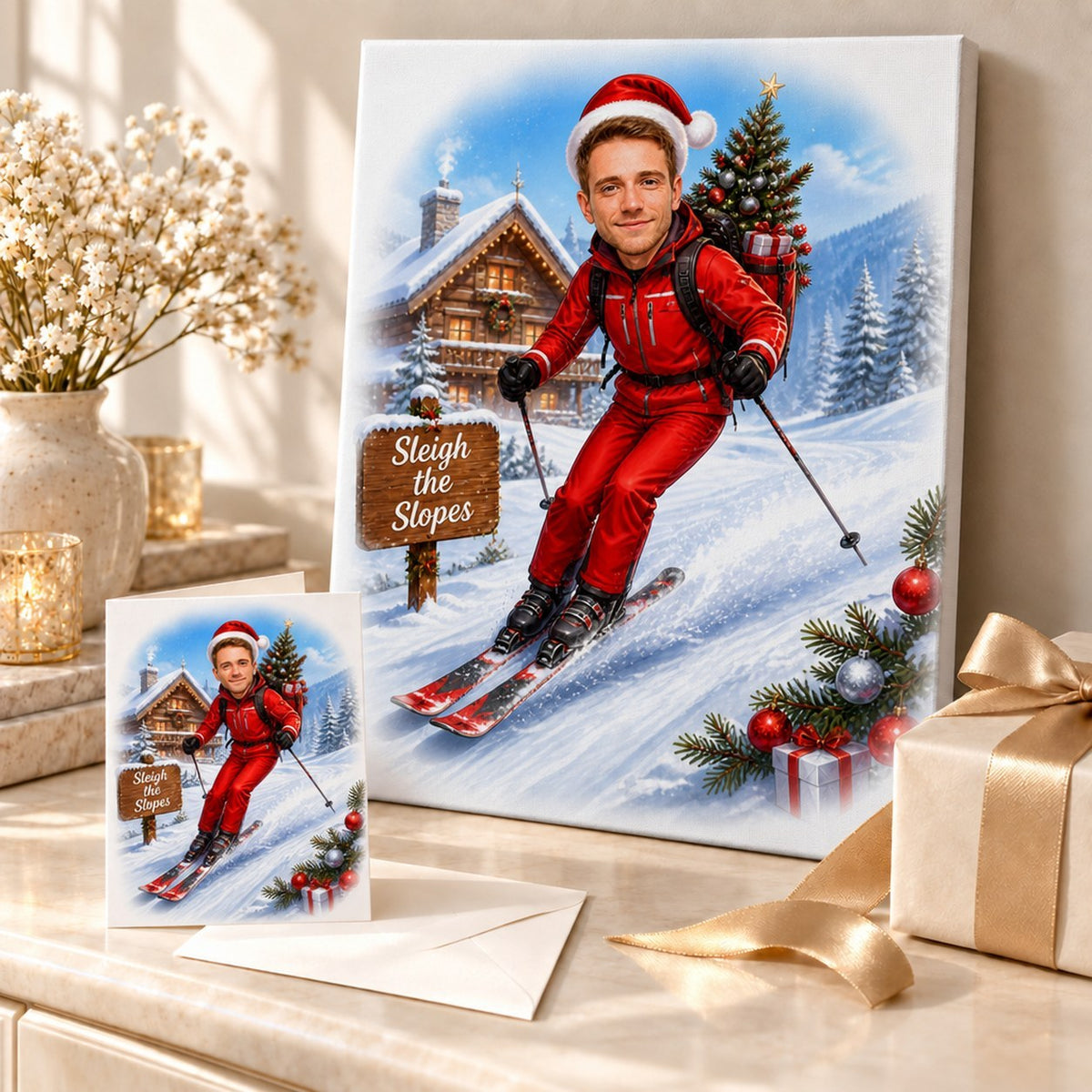 Christmas ski caricature on canvas and card, ready to gift under tree.