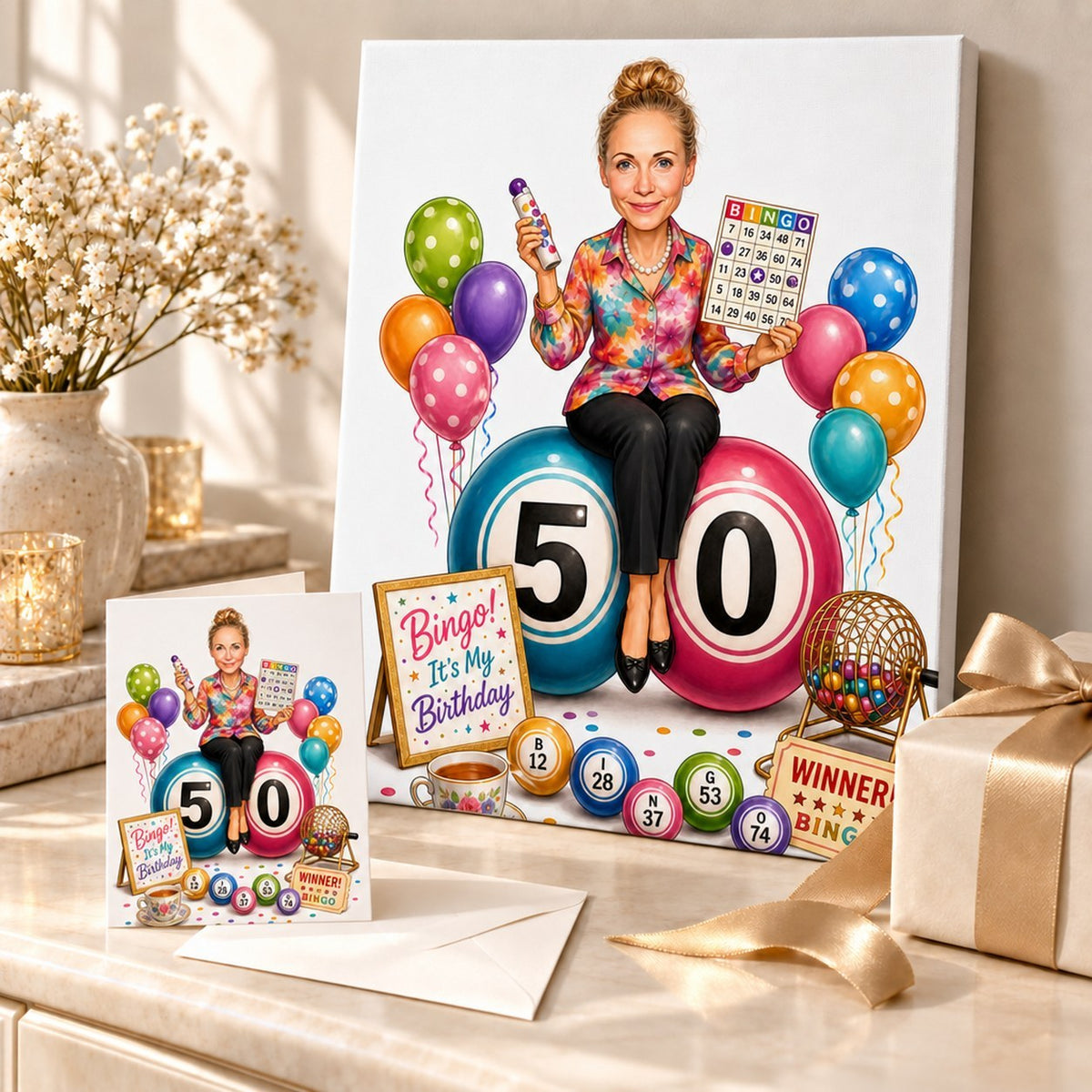 Bingo birthday caricature displayed on stretched canvas and 5x7 greeting card with confetti.