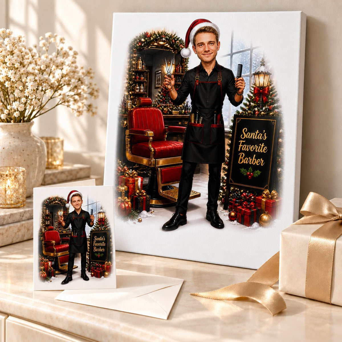 Canvas and greeting card of custom barber Christmas caricature with wrapped gifts