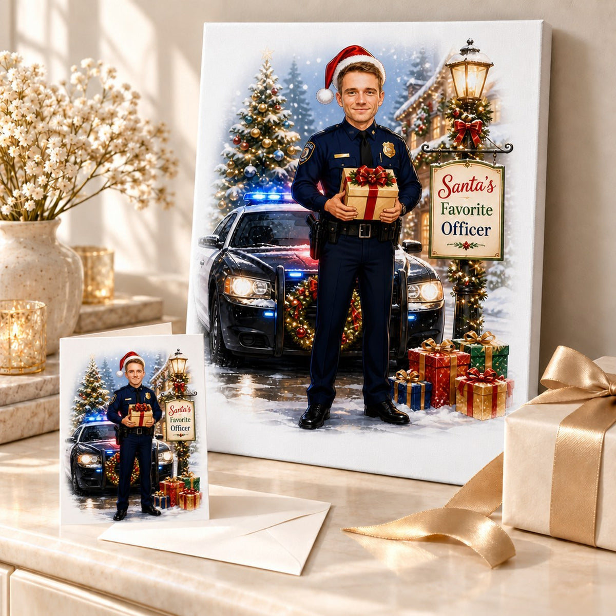 Canvas and 5x7 greeting card of police Christmas caricature, shown with ribbon and ornaments