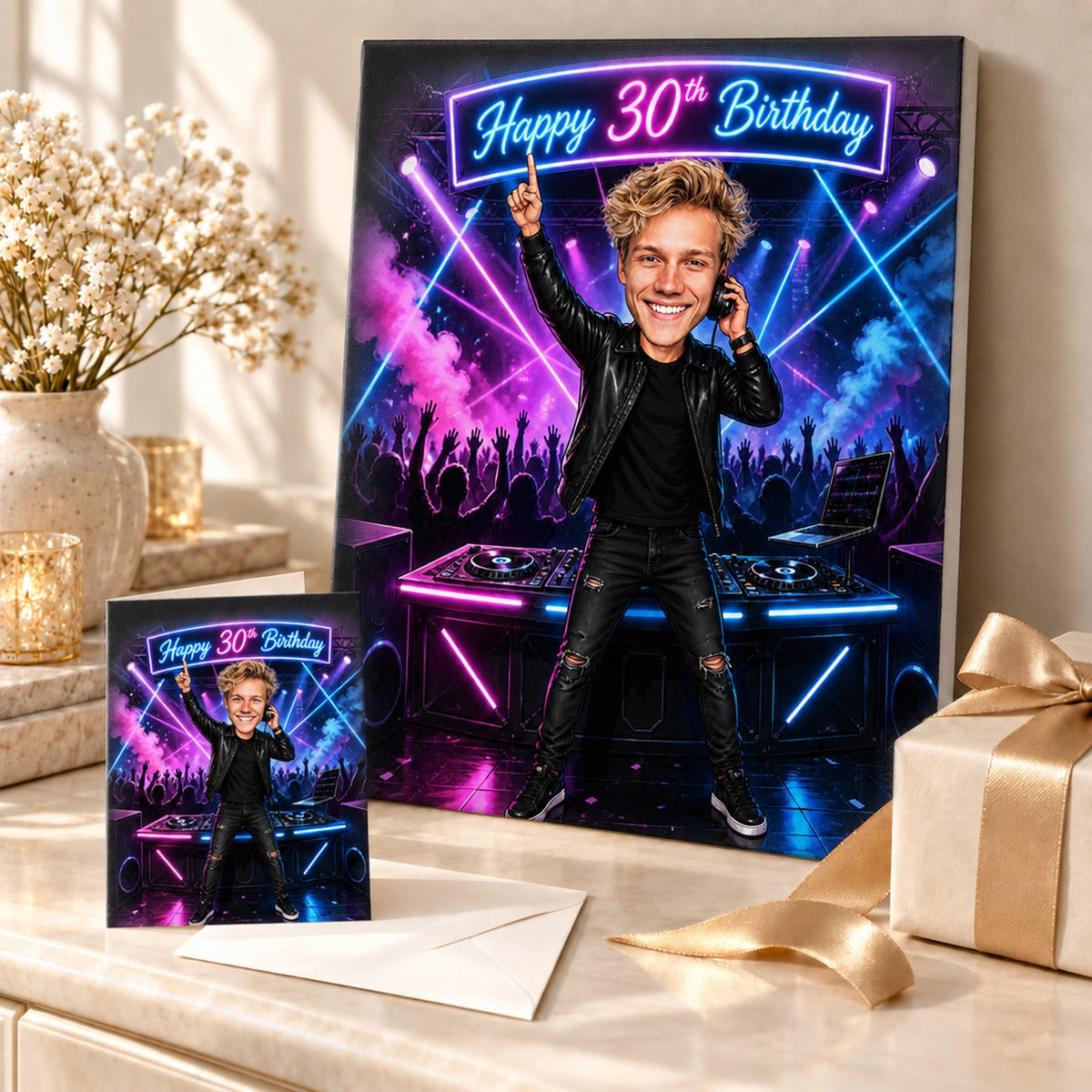 Stretched canvas and greeting card of DJ caricature presented as a birthday gift scene.