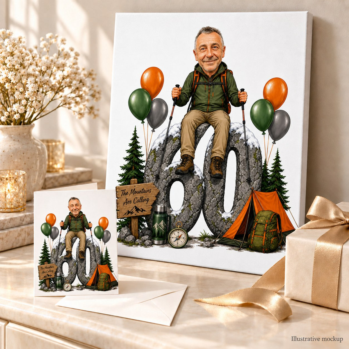 Canvas and greeting card of hiking caricature staged with backpack, compass, and balloons.