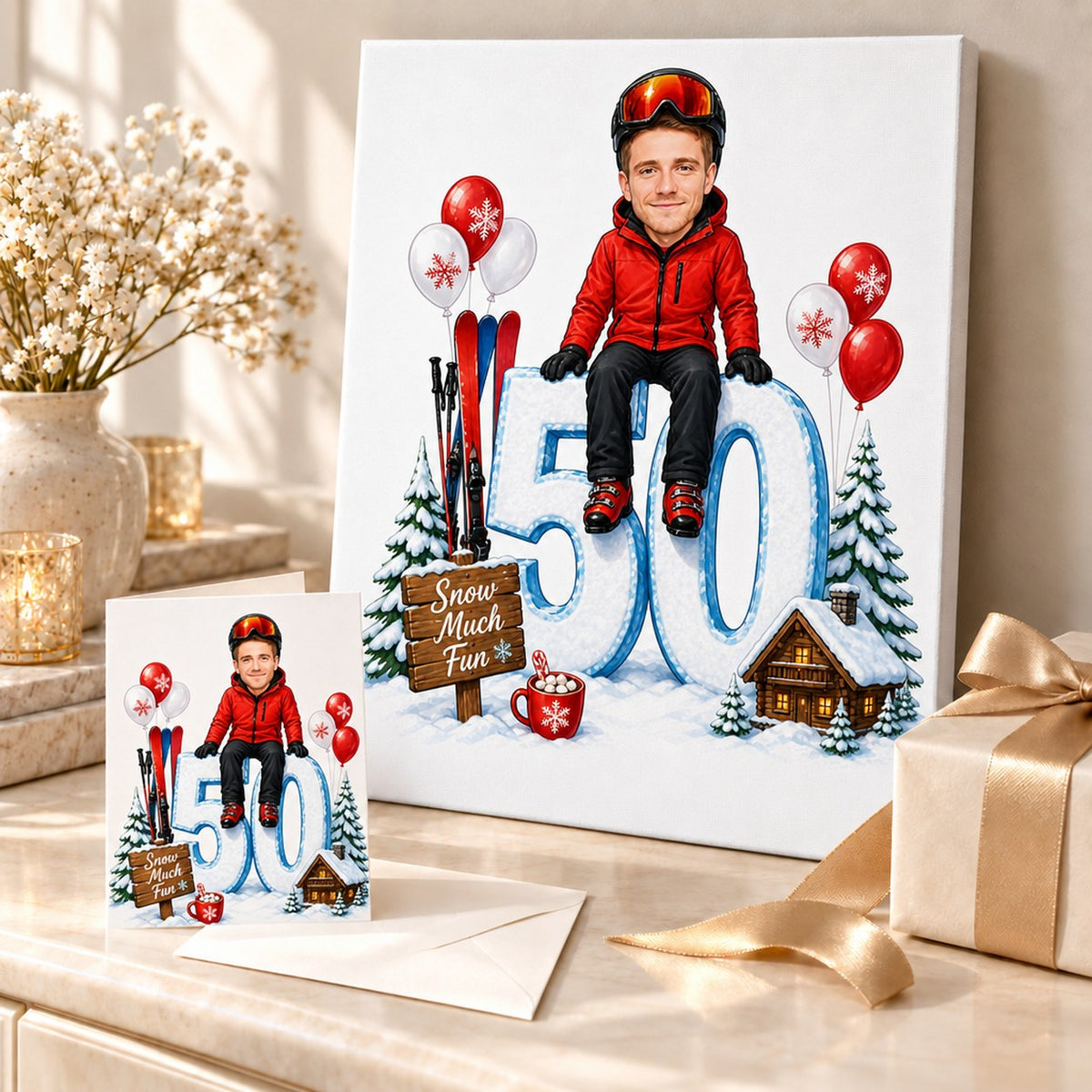 Ski birthday caricature on stretched canvas and 5x7 greeting card in gift setup