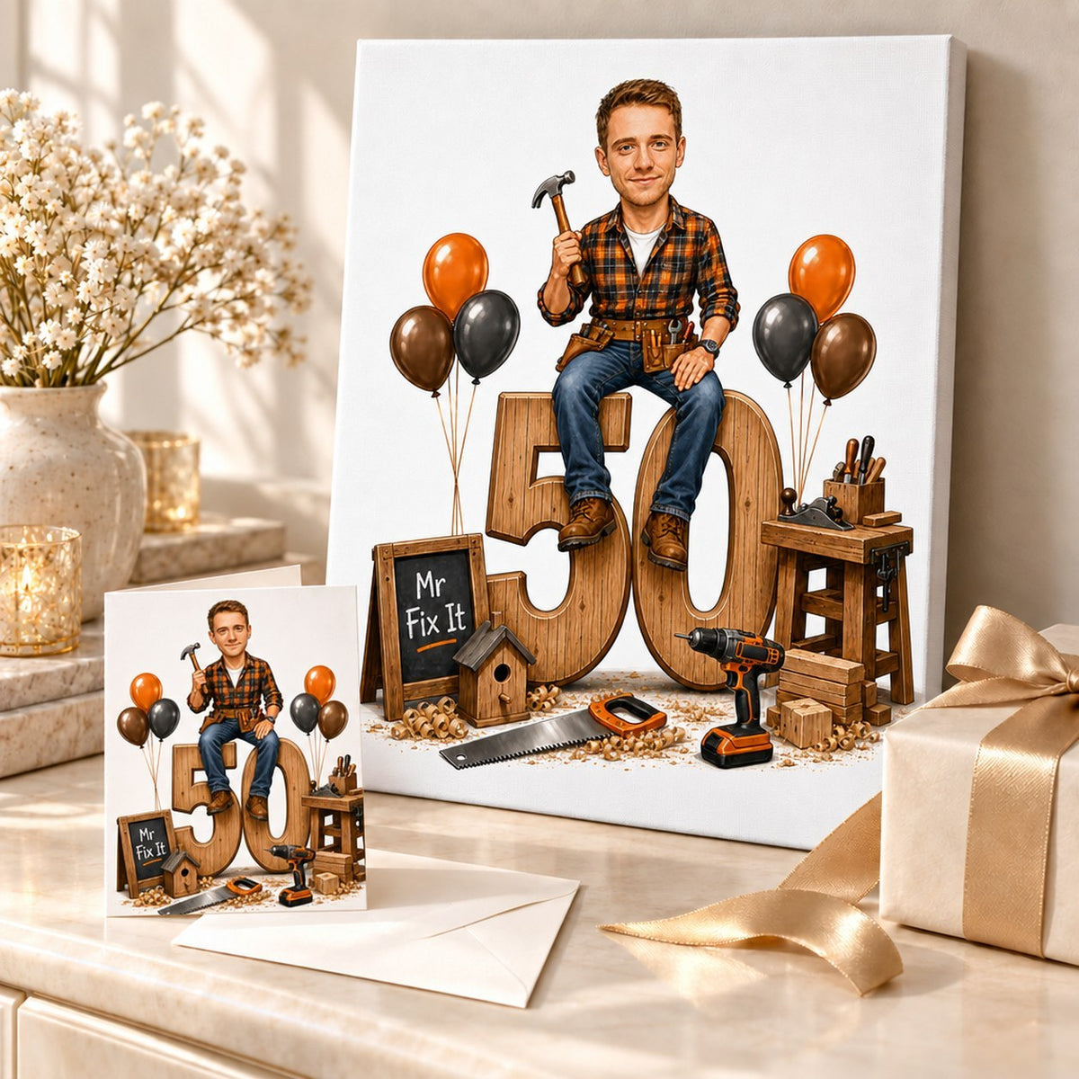 Canvas and 5x7 card of handyman caricature gift, shown with wrapping.
