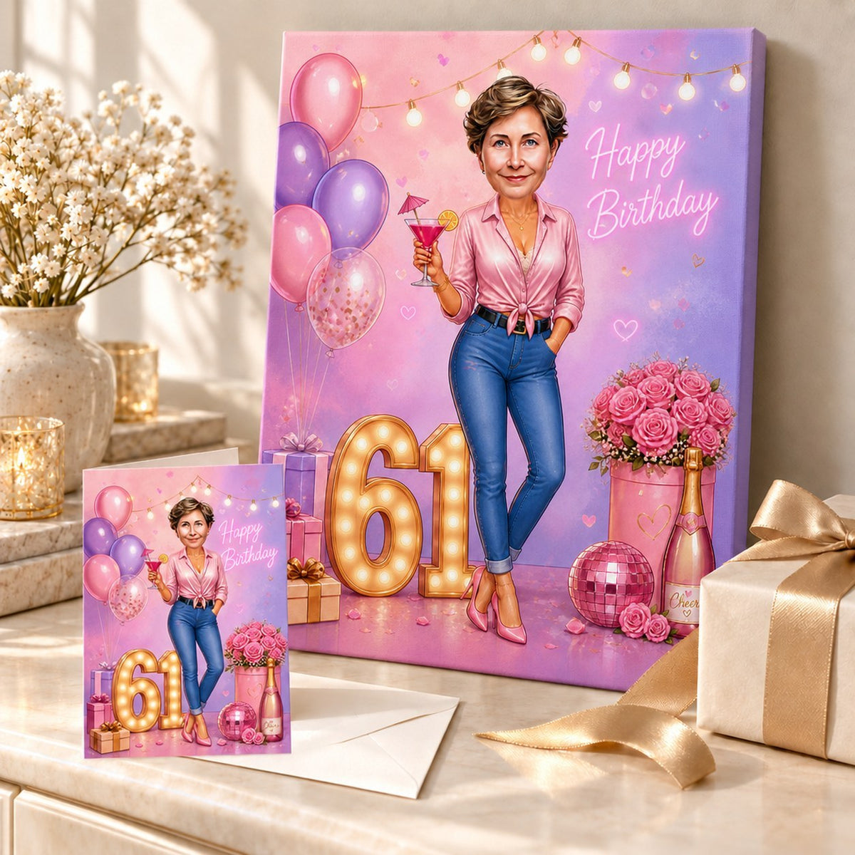 Design shown on canvas and greeting card in a gift setup with ribbons and confetti.