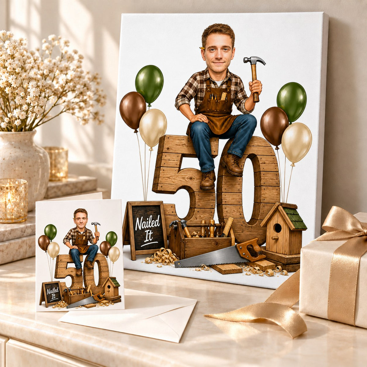 Canvas and greeting card of custom carpenter birthday caricature displayed as a ready-to-gift set.