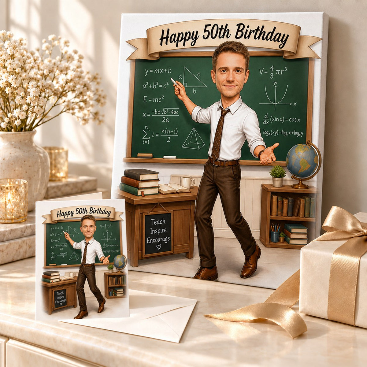 Teacher cartoon caricature shown on canvas and 5x7 card in a gift scene