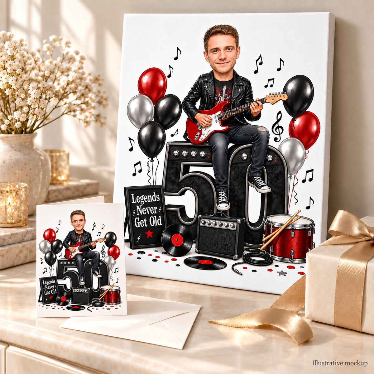Canvas and 5x7 card showing custom guitar caricature birthday gift in a festive scene.