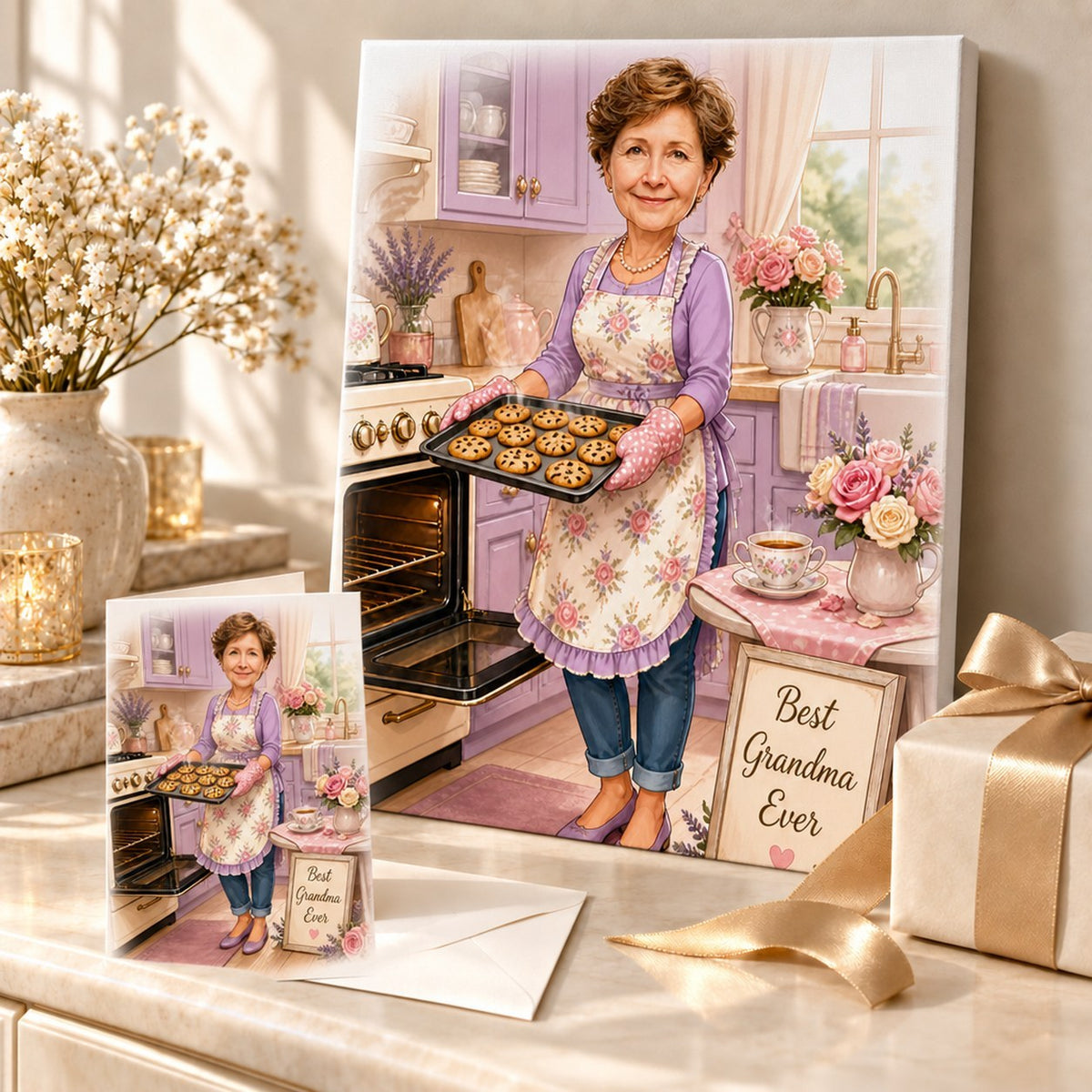 Canvas and greeting card of custom grandma baking caricature displayed as a Mother’s Day gift.