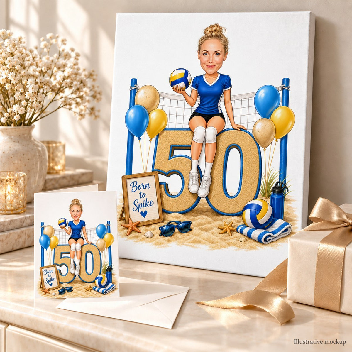 Volleyball birthday caricature printed on canvas and greeting card beside ribbons and balloons.